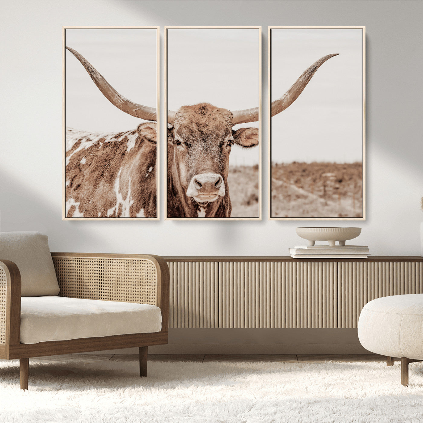 77810049-MGV-CV-36X24-Longhorn Bull Photo Wall Art Canvas Print, Framed Rustic Cow Decor Art Picture Print, Neutral Farmhouse Style Perfect Rustic