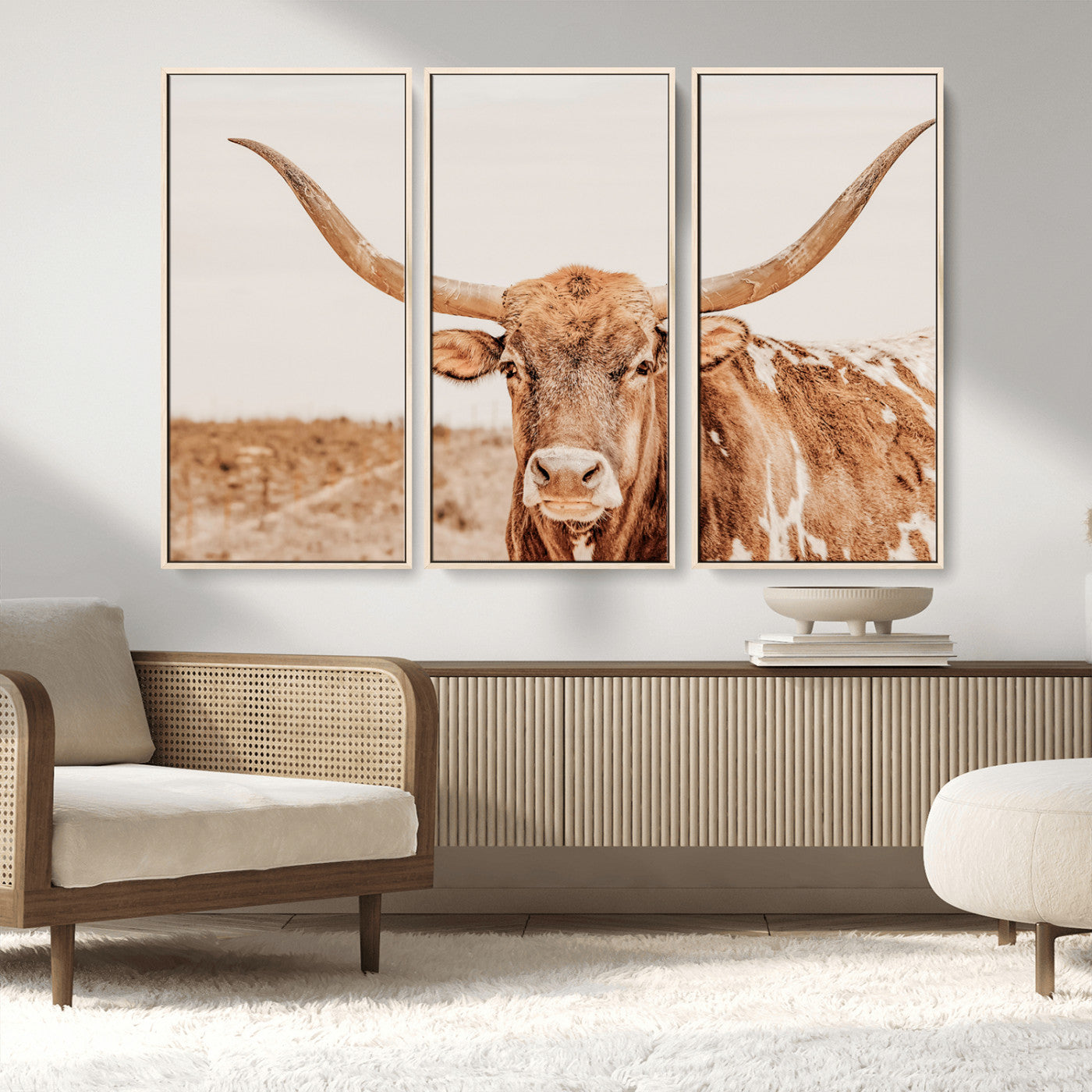74406977-MGV-CV-36X24-Longhorn Bull Decor Wall Art Canvas Print, Framed Western Cow Theme Art Picture Print, Rustic Farmhouse Wall Perfect Neutral