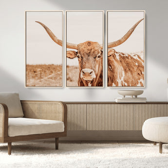 74406977-MGV-CV-36X24-Longhorn Bull Decor Wall Art Canvas Print, Framed Western Cow Theme Art Picture Print, Rustic Farmhouse Wall Perfect Neutral