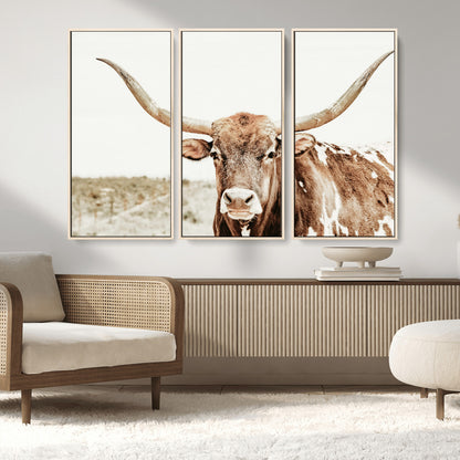 98924580-MGV-FC-48X32-3P_Natural-Texas Longhorn Bull Wall Art Canvas Print, Framed Rustic Farmhouse Decor Art Picture Print, Western Animal Theme Perfect Rustic