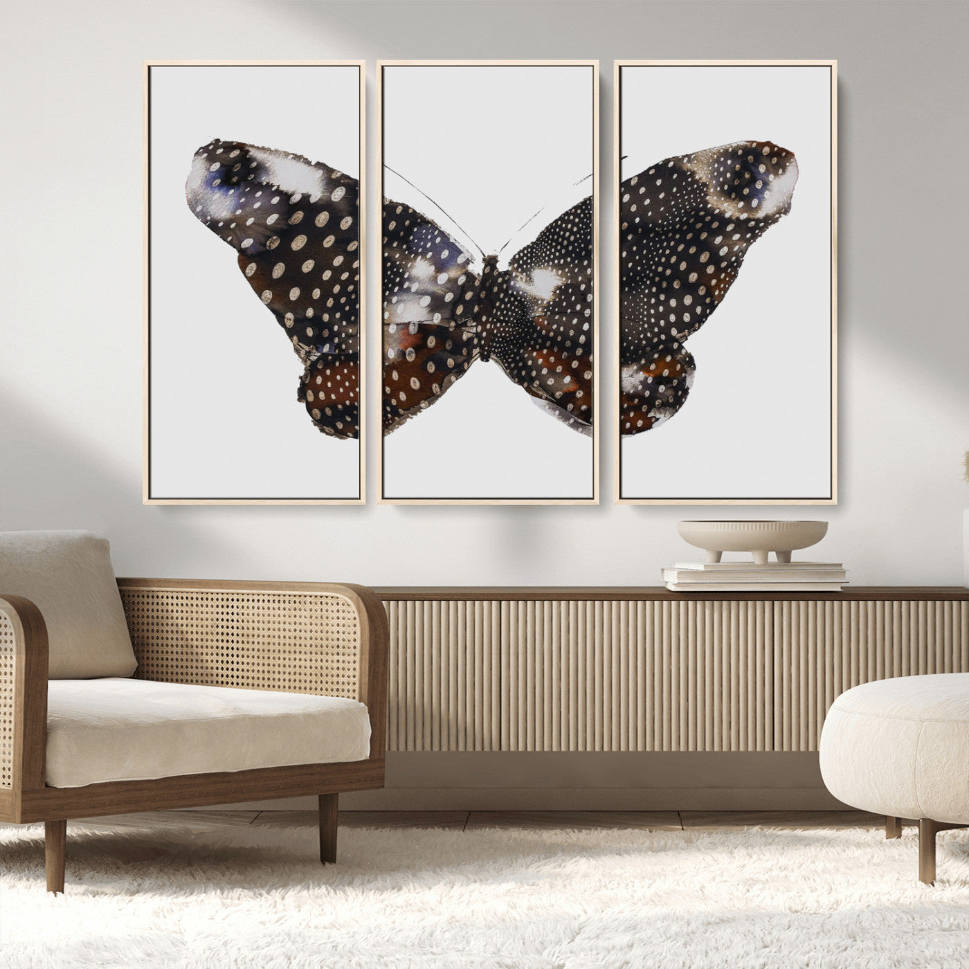 99831147-MGV-CV-36X24-Spotted Butterfly Wall Art Canvas Print, Framed Neutral Insect Theme Art Picture Print, Earthy Wing Pattern Perfect Modern Rustic