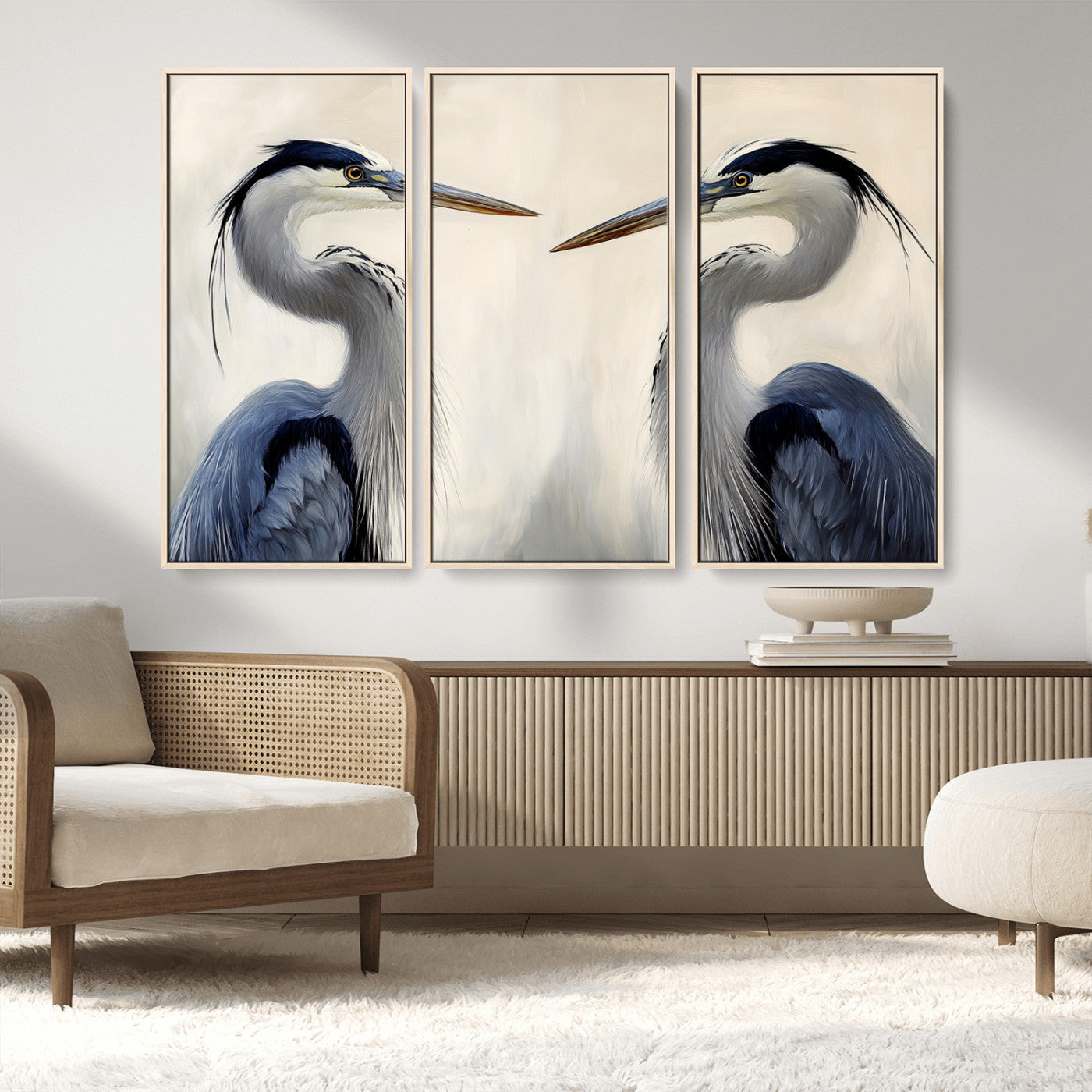 18230556-MGV-CV-36X24-Blue Heron Pair Wall Art Canvas Print, Framed Coastal Bird Theme Art Picture Print, Tranquil Wildlife Scene Perfect Coastal