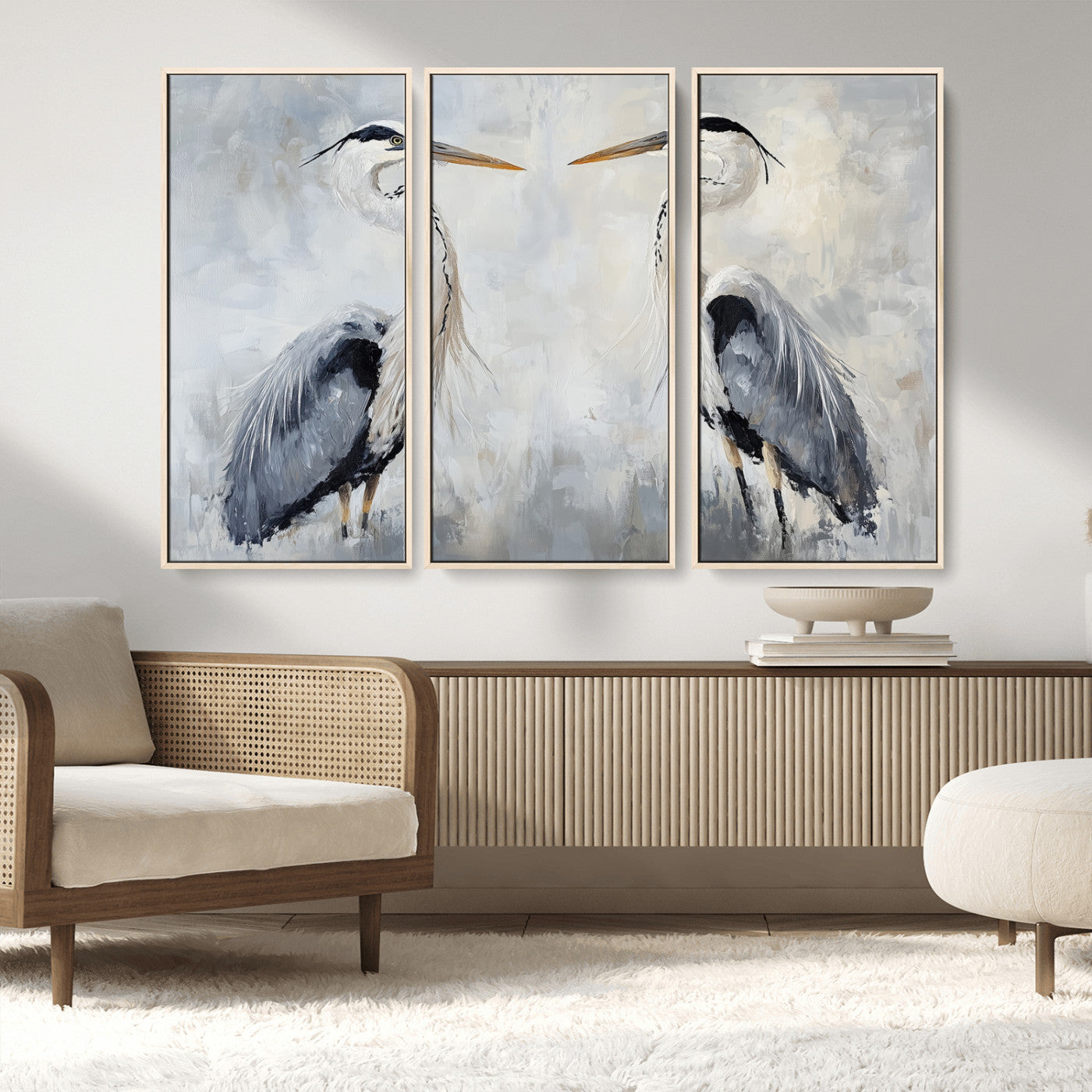 90806932-MGV-FC-48X32-3P_Natural-Heron Wall Art Wall Art Canvas Print, Framed Bird Canvas Decor Art Picture Print, Nature Inspired Perfect Coastal Minimalist Decor