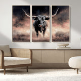 71457818-MGV-FC-48X32-3P_Natural-Longhorn Wall Art Wall Art Canvas Print, Framed Western Bull Canvas Art Picture Print, Rustic Cow Decor Perfect Western Dramatic