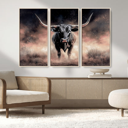 71457818-MGV-FC-48X32-3P_Natural-Longhorn Wall Art Wall Art Canvas Print, Framed Western Bull Canvas Art Picture Print, Rustic Cow Decor Perfect Western Dramatic