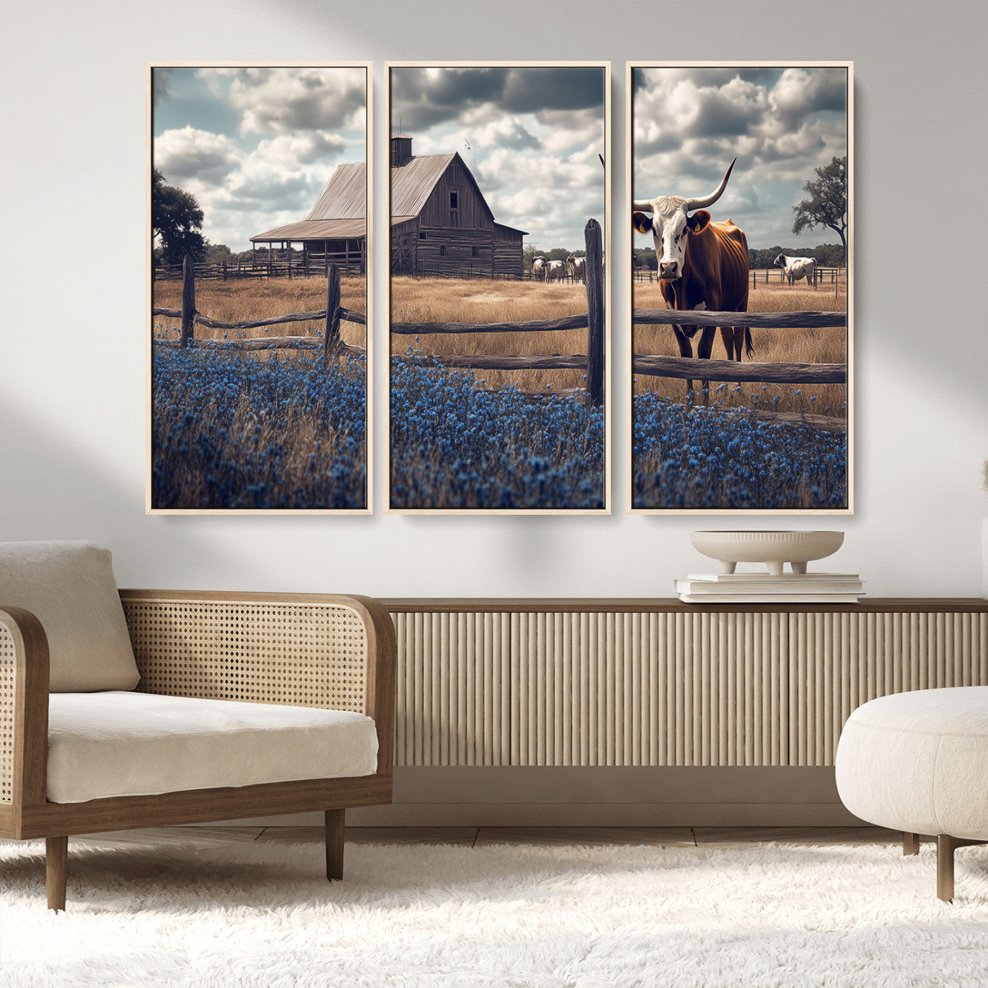 51092814-MGV-CV-36X24-Texas Longhorn Wall Art Wall Art Canvas Print, Framed Rustic Barn Canvas Art Picture Print, Farmhouse Cow Decor Perfect Rustic