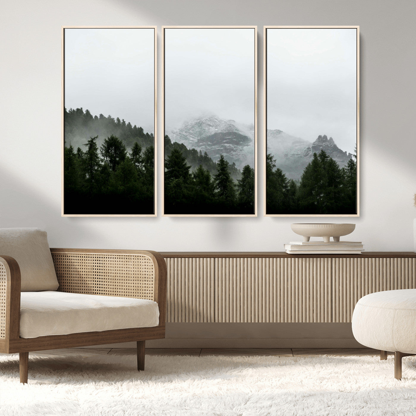 55968349-MGV-FC-48X32-3P_Natural-Misty Mountains Wall Art Canvas Print, Framed Foggy Forest Art Picture Print, Snowy Peaks Perfect Moody Wilderness Decor Artwork