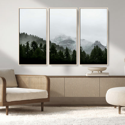 55968349-MGV-FC-48X32-3P_Natural-Misty Mountains Wall Art Canvas Print, Framed Foggy Forest Art Picture Print, Snowy Peaks Perfect Moody Wilderness Decor Artwork