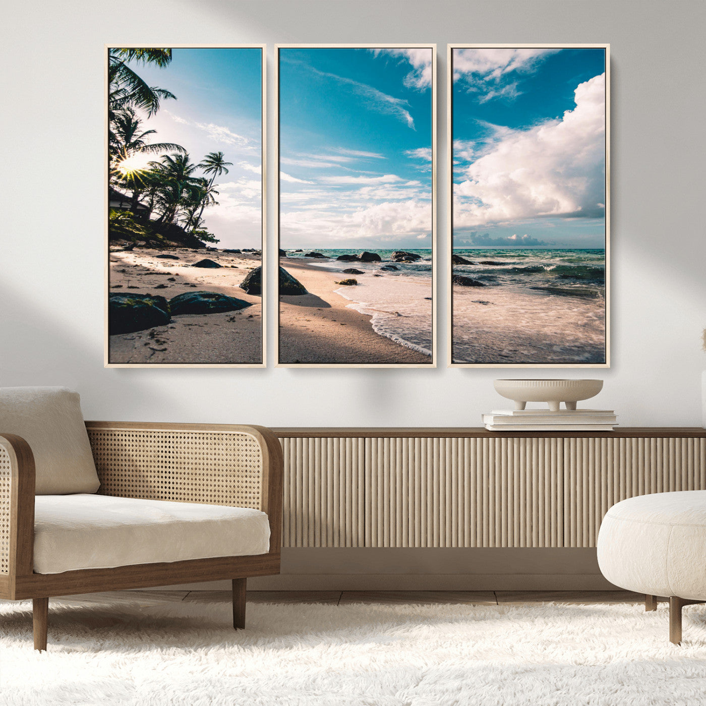 95301406-MGV-FC-48X32-3P_Natural-Tropical Beach Wall Art Canvas Print, Framed Ocean Waves Art Picture Print, Relazxing Seascape Perfect Tropical Coastal Decor