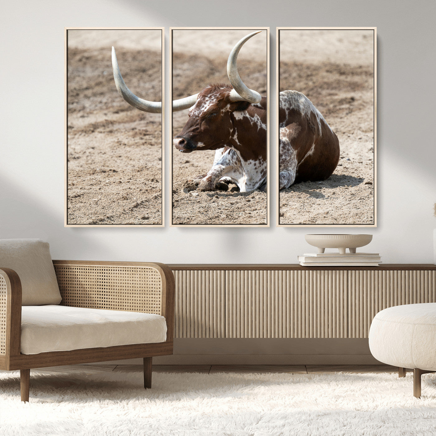 76549210-MGV-CV-36X24-Texas Longhorn Wall Art Canvas Print, Framed Country Living Art Picture Print, Farmhouse Aesthetic Perfect Western Rustic Decor
