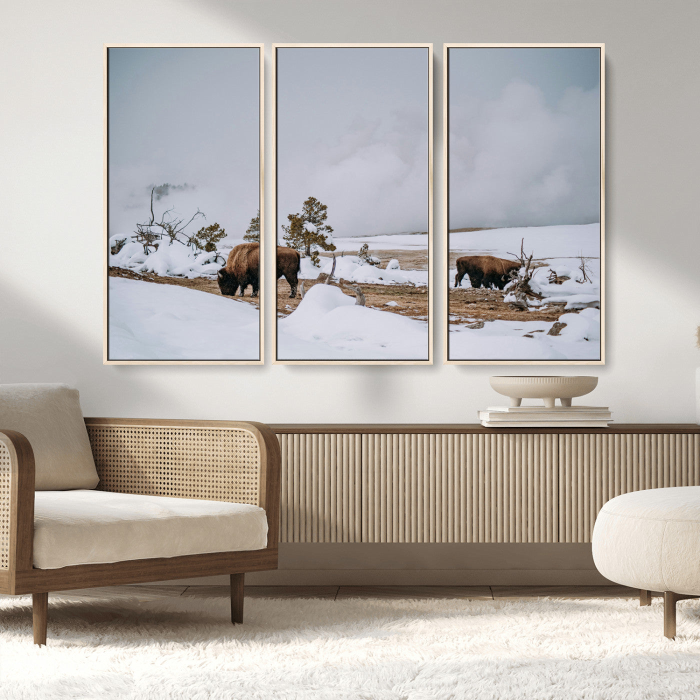 60308289-MGV-CV-36X24-Bison Wildlife Wall Art Canvas Print, Framed Snowy Prairie Art Picture Print, Western Landscape Perfect Rustic Winter Decor