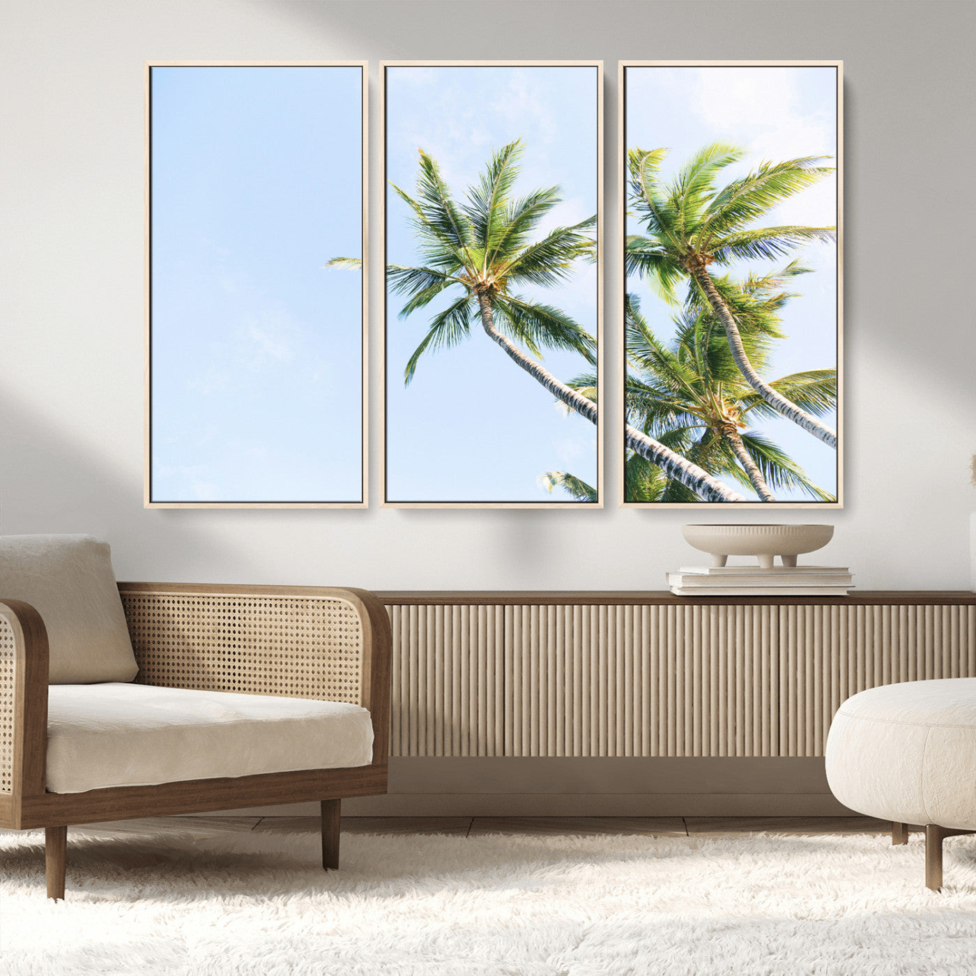 54719115-MGV-FC-48X32-3P_Natural-Palm Trees Wall Art Canvas Print, Framed Tropical Aesthetic Art Picture Print, Coastal Serenity Perfect Tropical Minimalist Decor