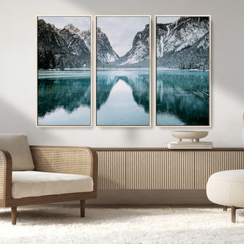 73098373-MGV-FC-48X32-3P_Natural-Mountain Lake Wall Art Canvas Print, Framed Winter Wonderland Art Picture Print, Snowy Peaks Perfect Modern Nature Decor Artwork