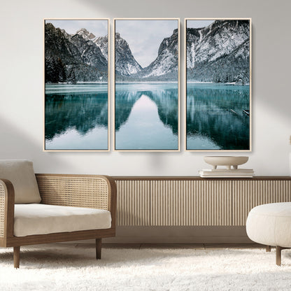 73098373-MGV-FC-48X32-3P_Natural-Mountain Lake Wall Art Canvas Print, Framed Winter Wonderland Art Picture Print, Snowy Peaks Perfect Modern Nature Decor Artwork