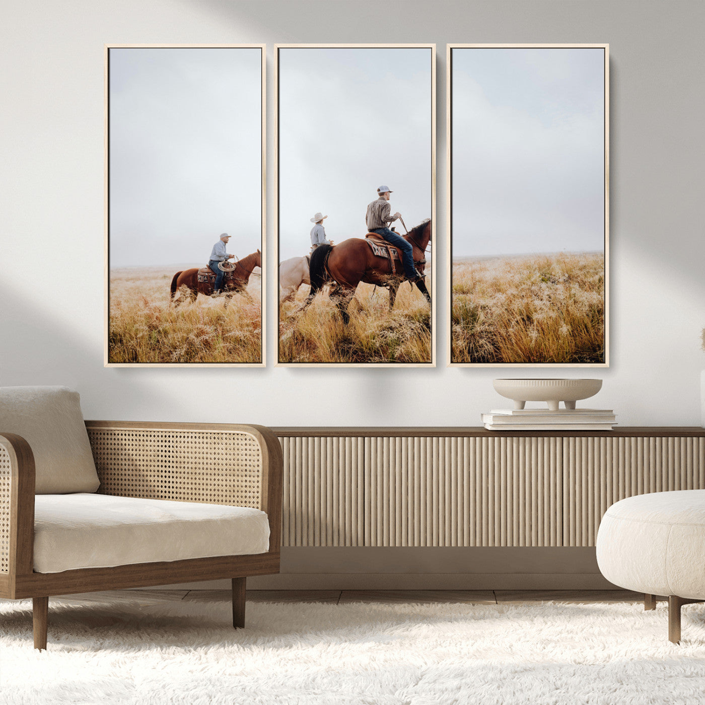 94723307-MGV-FC-48X32-3P_Natural-Western Cowboys Wall Art Canvas Print, Framed Rustic Prairie Art Picture Print, Horseback Riding Perfect Rustic Western Decor