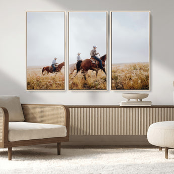 94723307-MGV-FC-48X32-3P_Natural-Western Cowboys Wall Art Canvas Print, Framed Rustic Prairie Art Picture Print, Horseback Riding Perfect Rustic Western Decor