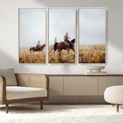 94723307-MGV-FC-48X32-3P_Natural-Western Cowboys Wall Art Canvas Print, Framed Rustic Prairie Art Picture Print, Horseback Riding Perfect Rustic Western Decor