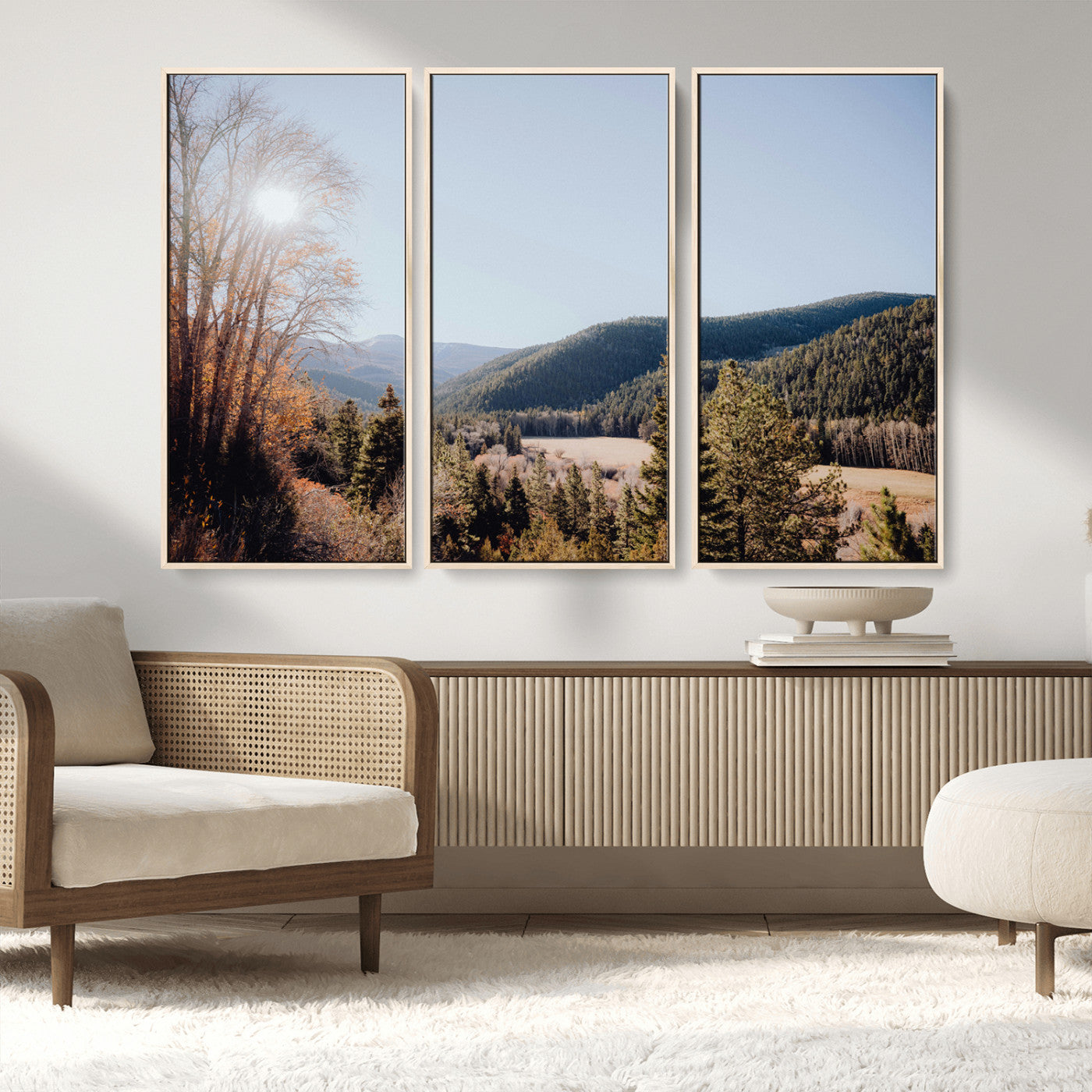 52941305-MGV-FC-48X32-3P_Natural-Rustic Landscape Wall Art Canvas Print, Framed Serene Valley Art Picture Print, Pine Tree Horizon Perfect Rustic Cabin Decor