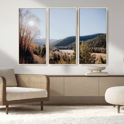 52941305-MGV-FC-48X32-3P_Natural-Rustic Landscape Wall Art Canvas Print, Framed Serene Valley Art Picture Print, Pine Tree Horizon Perfect Rustic Cabin Decor