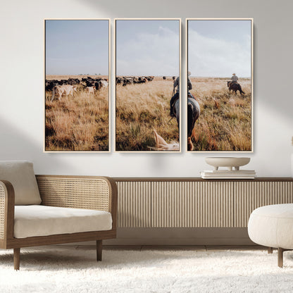22431577-MGV-CV-36X24-Western Wall Art Wall Art Canvas Print, Framed Cowboy Canvas Art Picture Print, Cattle Drive Scene Perfect Rustic Western Decor