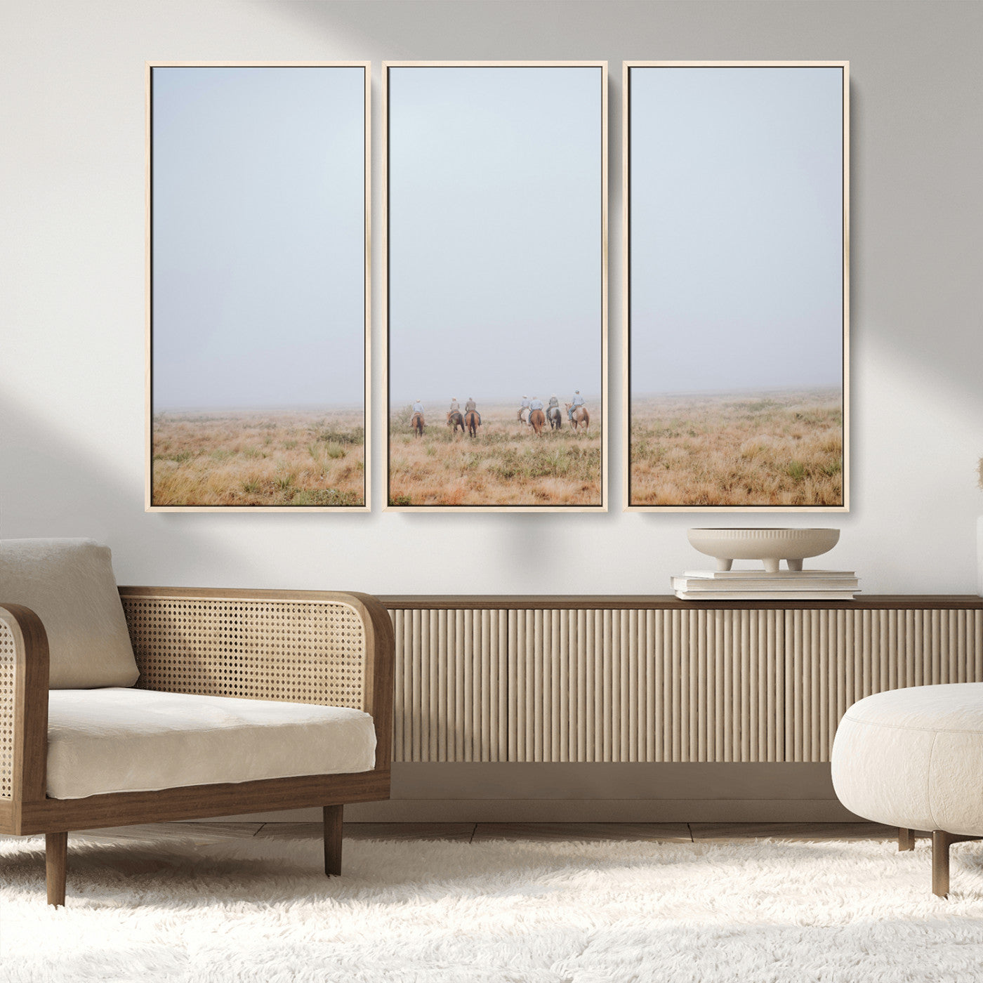 14761944-MGV-FC-48X32-3P_Natural-Foggy Plains Wall Art Canvas Print, Framed Horseback Riders Art Picture Print, Rustic Western Perfect Rustic Western Decor Artwork