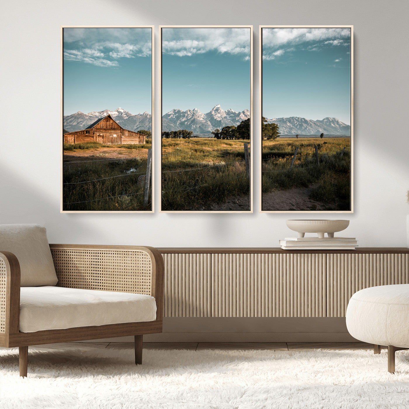 92497443-MGV-FC-48X32-3P_Natural-Rustic Farmhouse Wall Art Canvas Print, Framed Mountain Cabin Art Picture Print, Western Landscape Perfect Rustic Farmhouse Decor