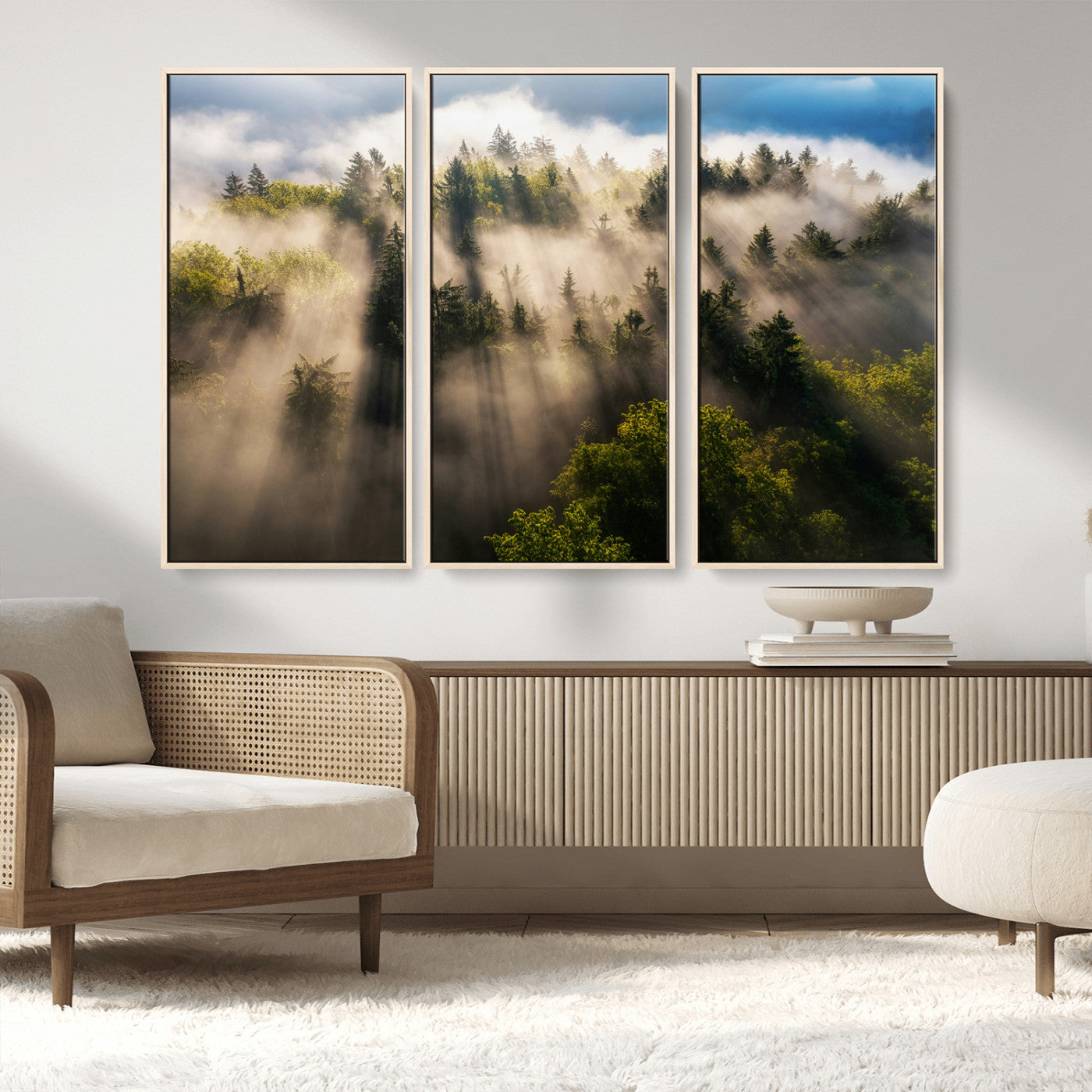 14785710-MGV-CV-36X24-Tranquil Forest Scene Wall Art Canvas Print, Framed Sunbeam Through Trees Art Picture Print, Moody Green Wall Art Perfect