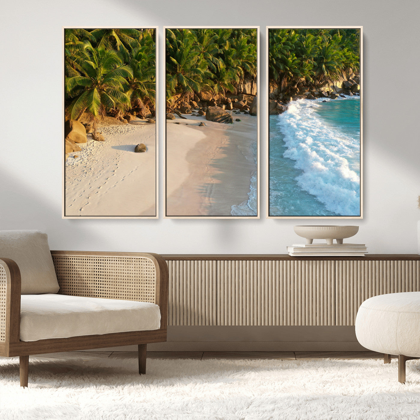 82312665-MGV-CV-36X24-Tropical Beach Wall Art Canvas Print, Framed Ocean Waves Art Picture Print, Palm Trees Perfect Coastal Minimalist Decor Artwork