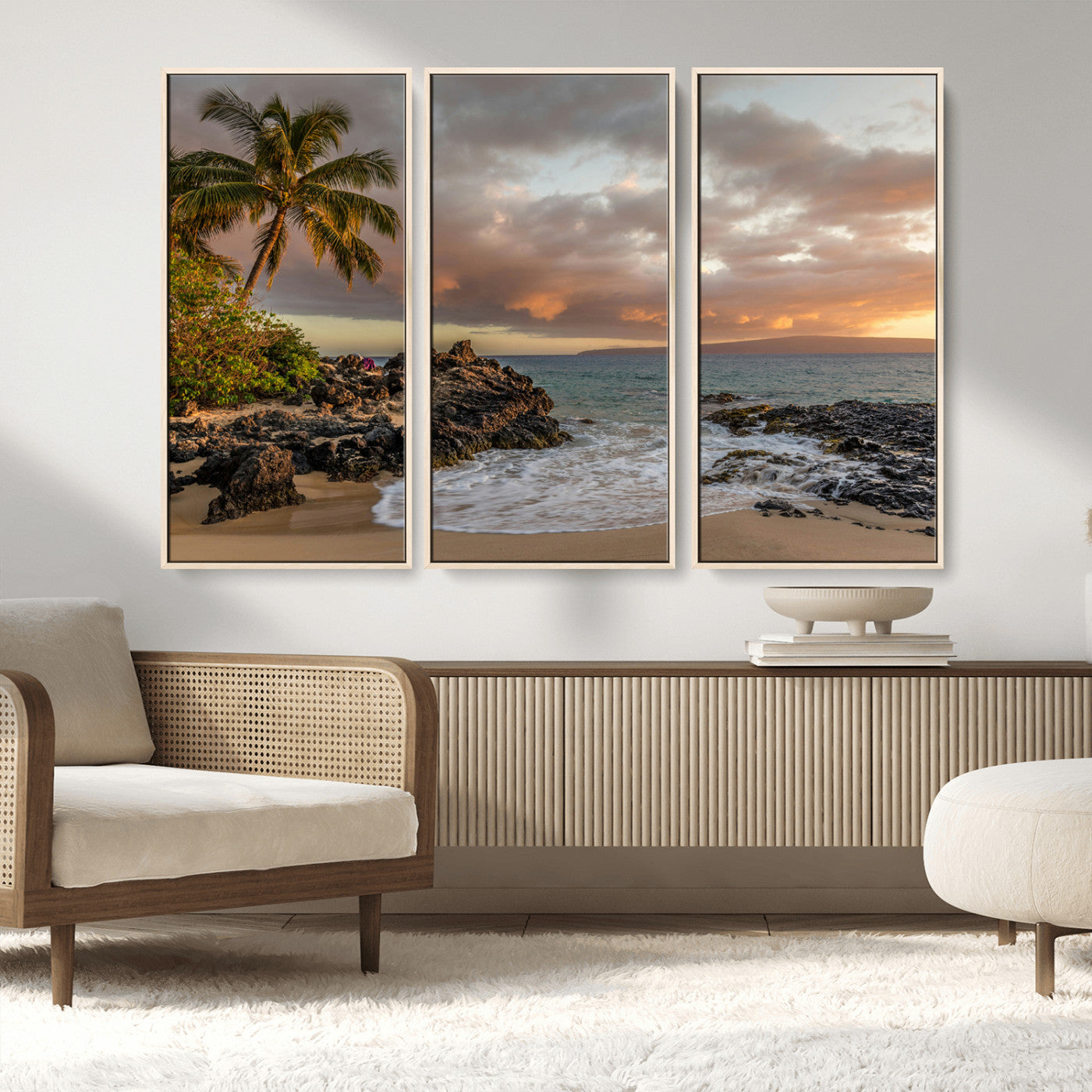 55108220-MGV-FC-48X32-3P_Natural-Tropical Beach Wall Art Canvas Print, Framed Hawaiian Sunset Art Picture Print, Ocean Waves Perfect Coastal Tropical Decor Artwork