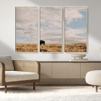22754563-MGV-FC-48X32-3P_Natural-Earthy Tones Wall Art Canvas Print, Framed Rustic Nature Art Picture Print, Solitary Buffalo Perfect Western Minimalist Decor