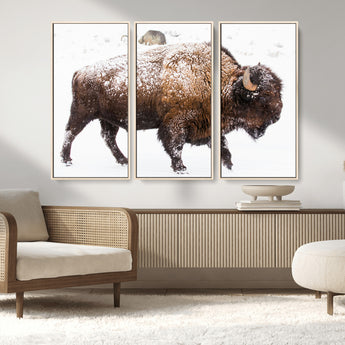 94261165-MGV-CV-36X24-Snowy Buffalo Wall Art Canvas Print, Framed Wildlife Photography Art Picture Print, Brown Tones Perfect Rustic Lodge Decor Decor