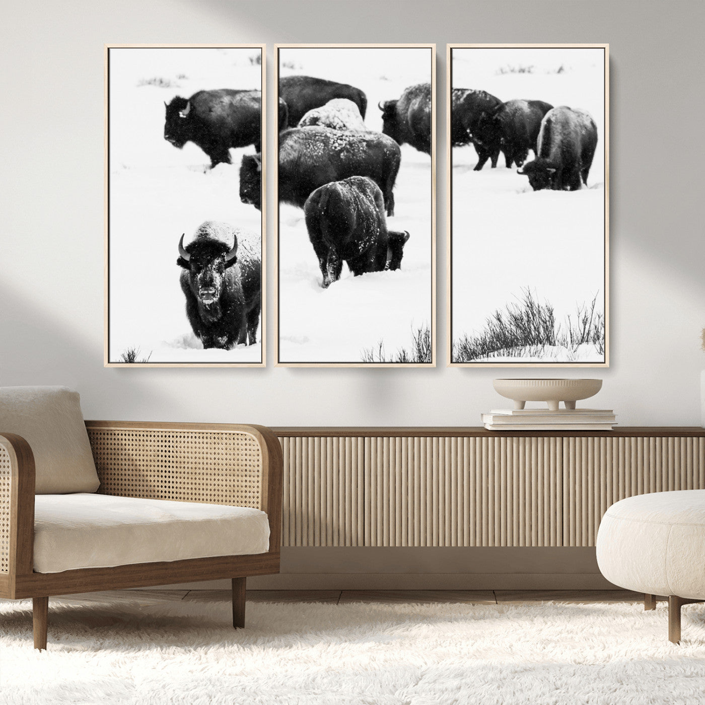 18914414-MGV-CV-36X24-Buffalo Herd Wall Art Canvas Print, Framed Black and White Art Picture Print, Snowy Landscape Perfect Rustic Lodge Decor Decor