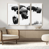 18914414-MGV-CV-36X24-Buffalo Herd Wall Art Canvas Print, Framed Black and White Art Picture Print, Snowy Landscape Perfect Rustic Lodge Decor Decor