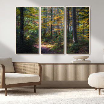 65810864-MGV-CV-36X24-Autumn Forest Wall Art Canvas Print, Framed Fall Woodland Art Picture Print, Golden Leaves Perfect Rustic Farmhouse Decor Artwork