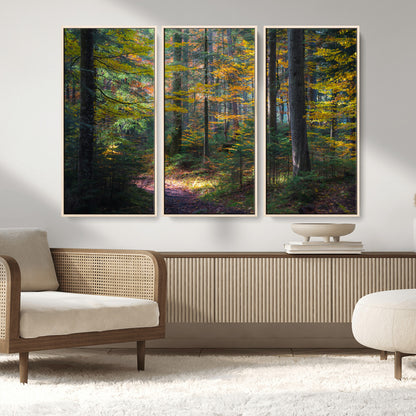 65810864-MGV-CV-36X24-Autumn Forest Wall Art Canvas Print, Framed Fall Woodland Art Picture Print, Golden Leaves Perfect Rustic Farmhouse Decor Artwork