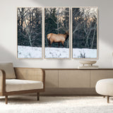 36533178-MGV-FC-48X32-3P_Natural-Wild Elk Photography Wall Art Canvas Print, Framed Winter Wildlife Art Picture Print, Snowy Forest Perfect Rustic Lodge Decor