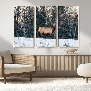 36533178-MGV-FC-48X32-3P_Natural-Wild Elk Photography Wall Art Canvas Print, Framed Winter Wildlife Art Picture Print, Snowy Forest Perfect Rustic Lodge Decor