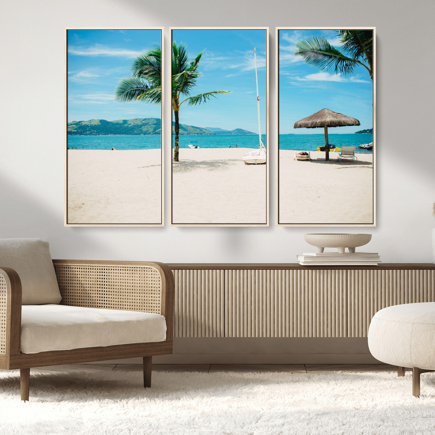42623350-MGV-FC-48X32-3P_Natural-Tropical Beach Wall Art Canvas Print, Framed Palm Tree Art Picture Print, Ocean View Perfect Tropical Coastal Decor Artwork