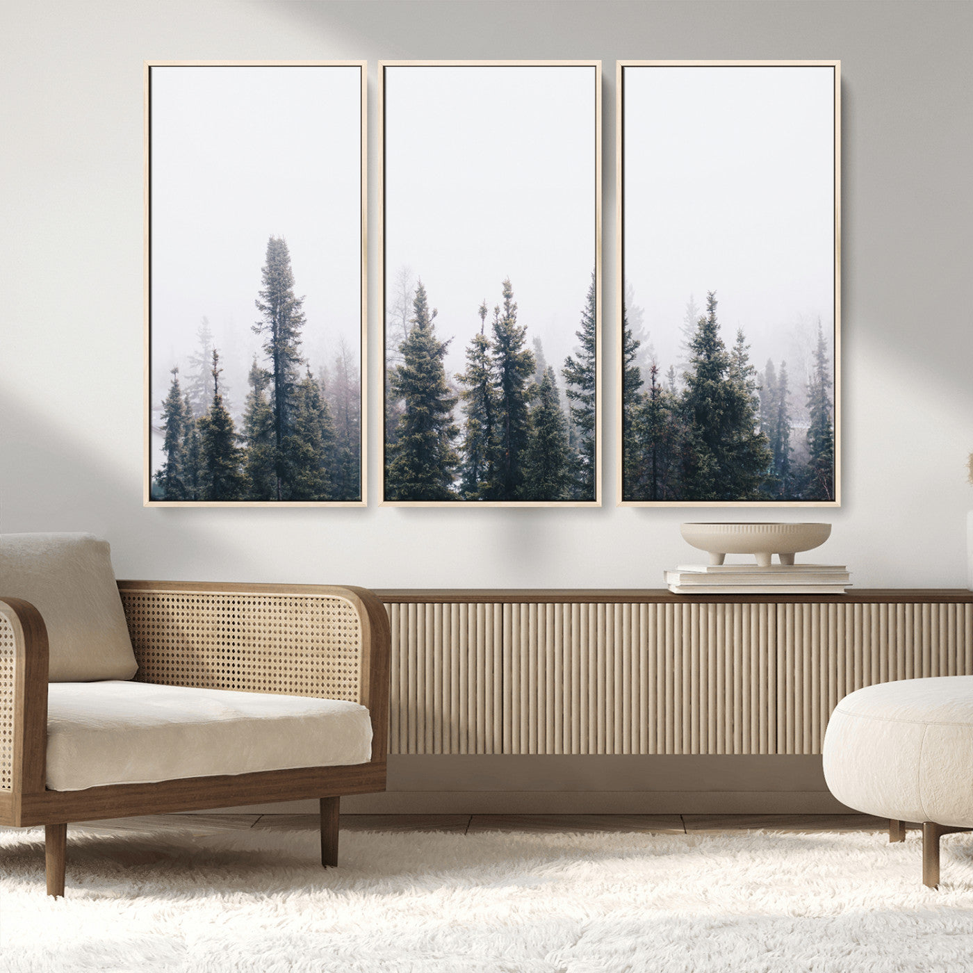 42364796-MGV-CV-36X24-Foggy Forest Wall Art Canvas Print, Framed Misty Pines Art Picture Print, Moody Woodland Perfect Scandinavian Minimalist Decor