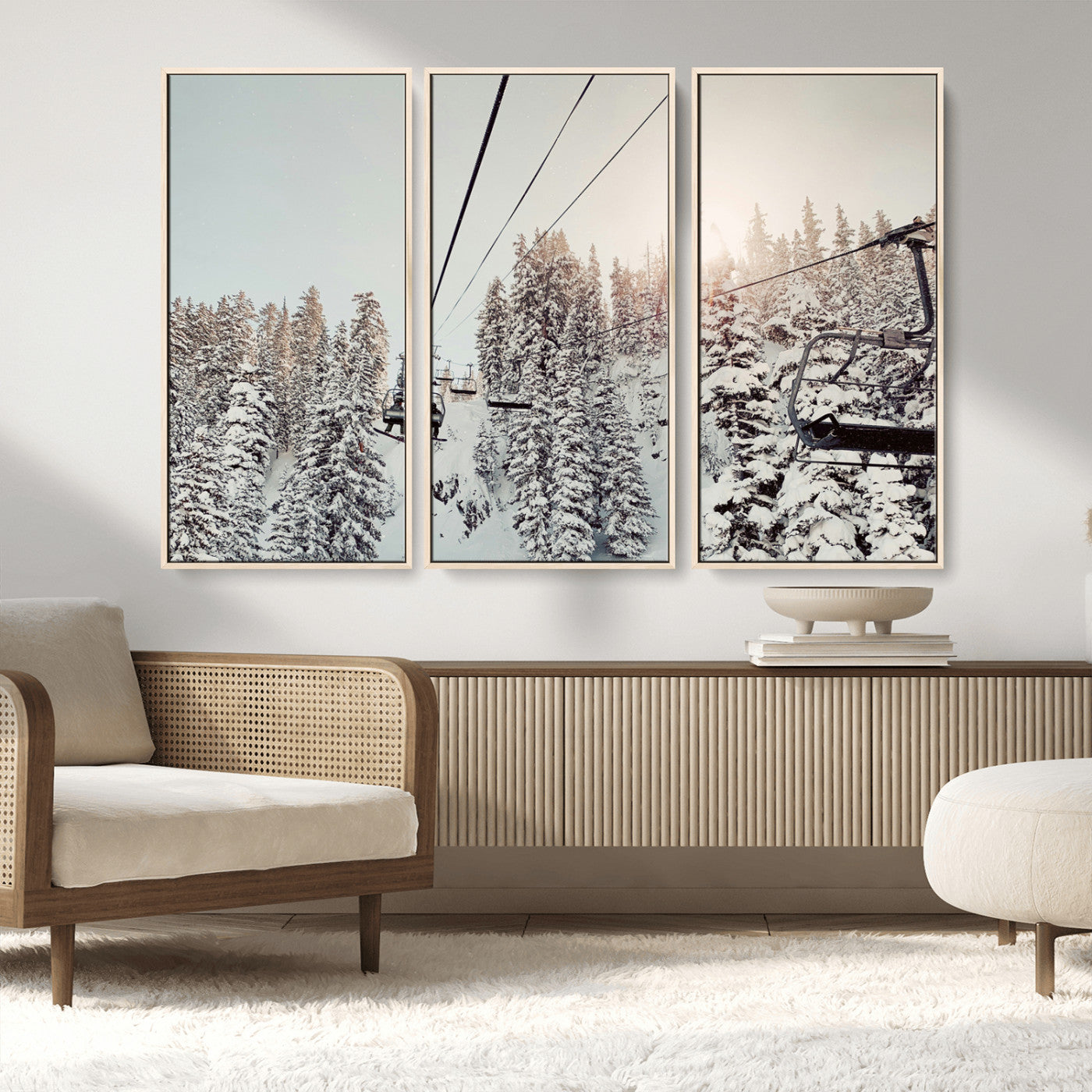 91534512-MGV-CV-36X24-Frosty Pines Wall Art Canvas Print, Framed Cozy Cabin View Art Picture Print, Ski Lift Ride Perfect Rustic Lodge Decor Artwork