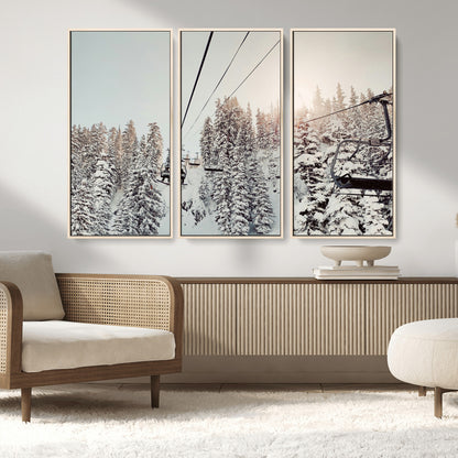 91534512-MGV-CV-36X24-Frosty Pines Wall Art Canvas Print, Framed Cozy Cabin View Art Picture Print, Ski Lift Ride Perfect Rustic Lodge Decor Artwork