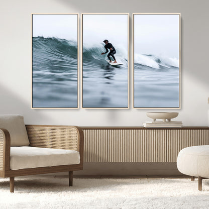 11693607-MGV-CV-36X24-Surfer on Wave Wall Art Canvas Print, Framed Ocean Adventure Art Picture Print, Motion Blur Water Perfect Coastal Adventure Decor