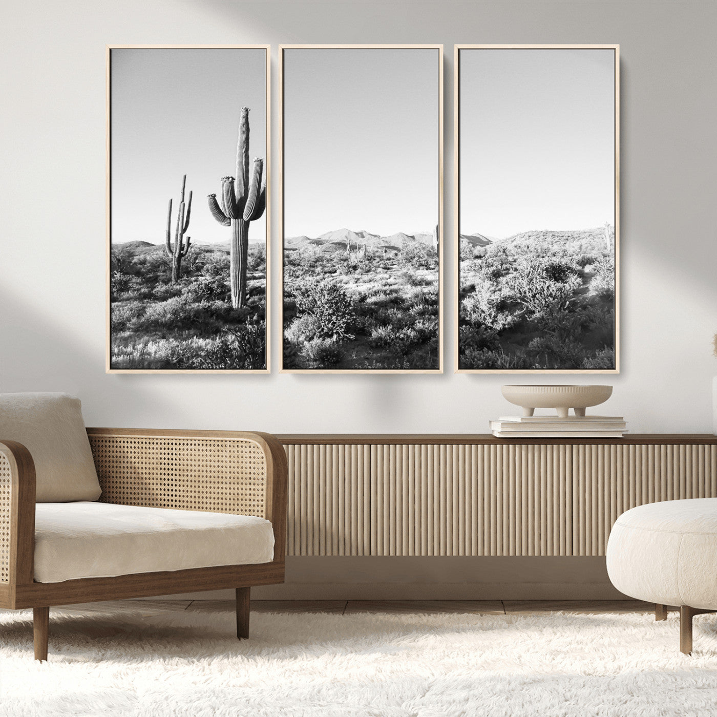 85205054-MGV-FC-48X32-3P_Natural-Saguaro Cactus Wall Art Canvas Print, Framed Monochrome Landscape Art Picture Print, Scenic Arizona View Perfect Minimalist