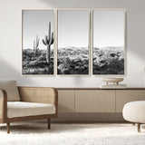 85205054-MGV-FC-48X32-3P_Natural-Saguaro Cactus Wall Art Canvas Print, Framed Monochrome Landscape Art Picture Print, Scenic Arizona View Perfect Minimalist