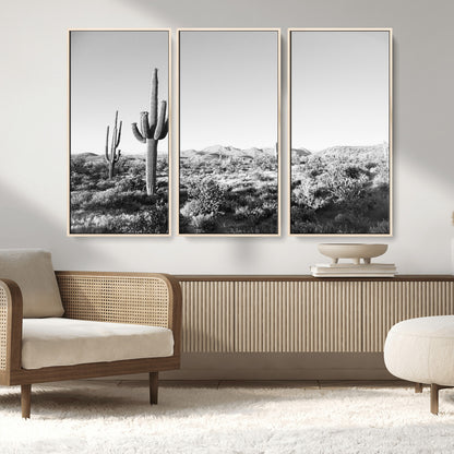 85205054-MGV-FC-48X32-3P_Natural-Saguaro Cactus Wall Art Canvas Print, Framed Monochrome Landscape Art Picture Print, Scenic Arizona View Perfect Minimalist