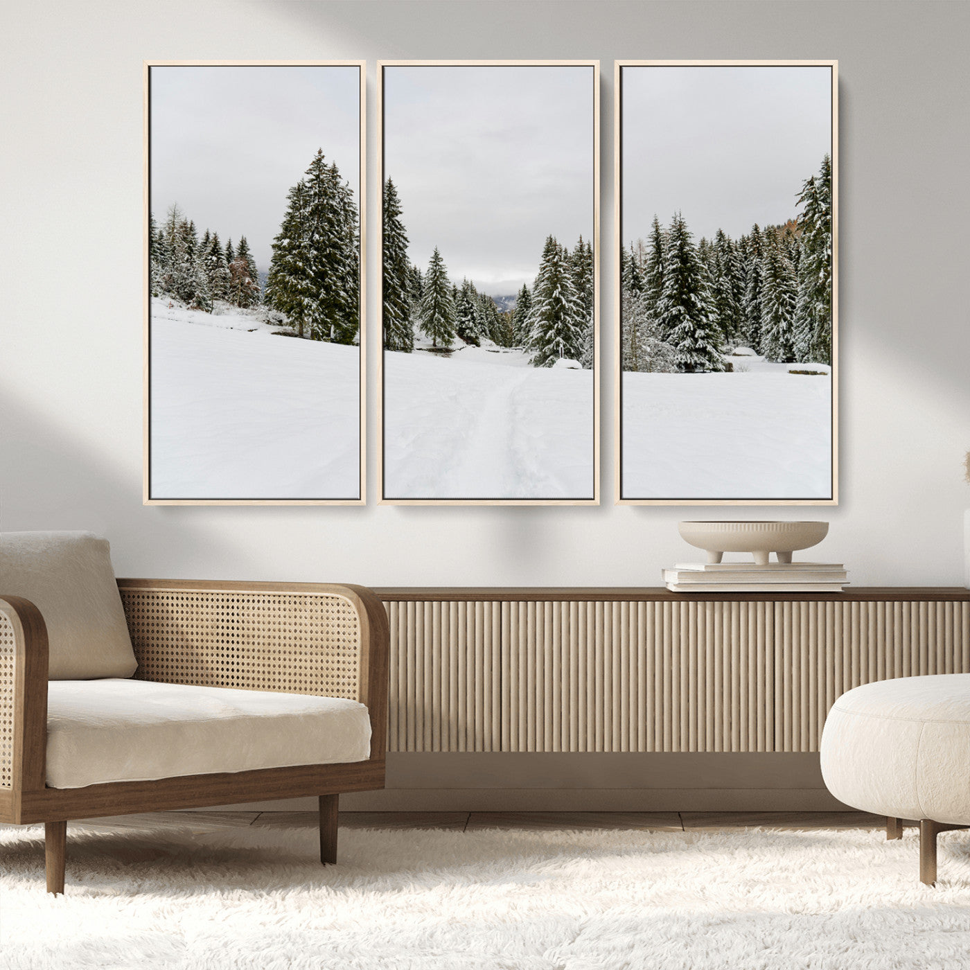 24581417-MGV-CV-36X24-Frosty Pines Wall Art Canvas Print, Framed Silent Snowfall Art Picture Print, Cozy Cabin Vibes Perfect Nordic Minimalist Decor