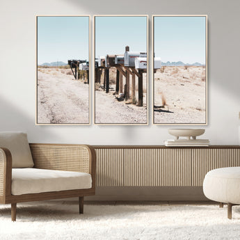 54616109-MGV-FC-48X32-3P_Natural-Desert Mailboxes Wall Art – Rustic Rural Roadside Photography Canvas Print, American Southwest Landscape Home Decor for Living