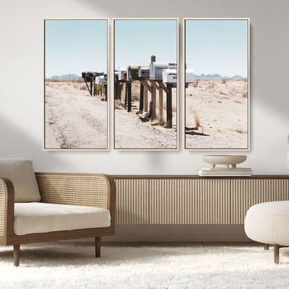 54616109-MGV-FC-48X32-3P_Natural-Desert Mailboxes Wall Art – Rustic Rural Roadside Photography Canvas Print, American Southwest Landscape Home Decor for Living