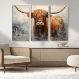 X61001-MGV-FC-48X32-3P_Natural-Scottish Highland Wall Art Canvas Print, Framed Longhorn Art Picture Print, Western Cow Perfect Farmhouse Decor Artwork