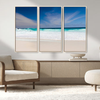 55017356-MGV-FC-48X32-3P_Natural-Ocean Beach Wall Art – Turquoise Wave and White Sand Shoreline Canvas Print, Coastal Seascape Photography Decor for Living Room,